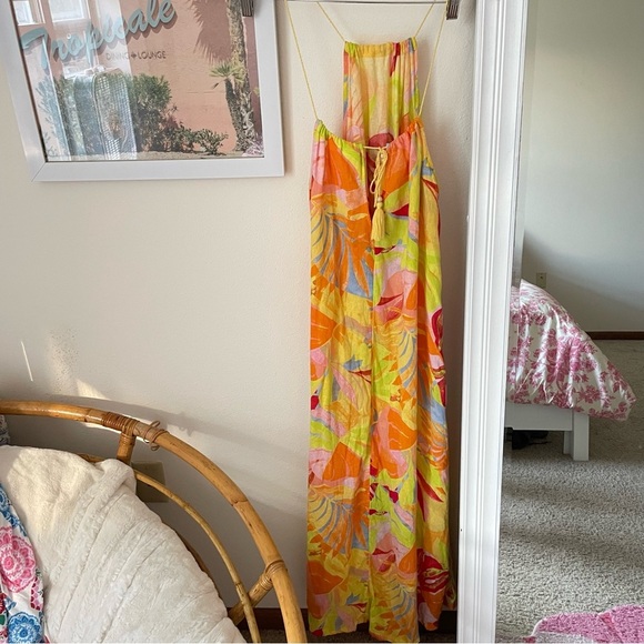C&C California Tropical Print Halter Maxi Dress Size M Linen Blend - Picture 5 of 5